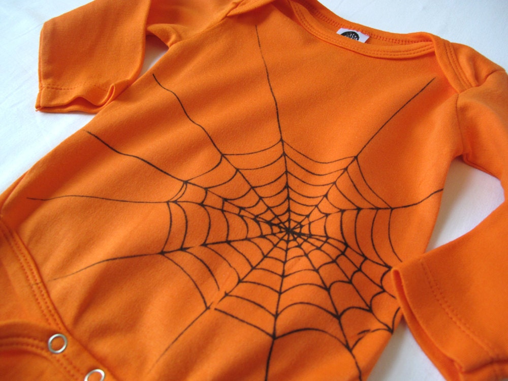 Halloween Orange Spider Web, Baby Onesie, Hand-Printed Lithograph, Organic Bodysuit, 3-6 months