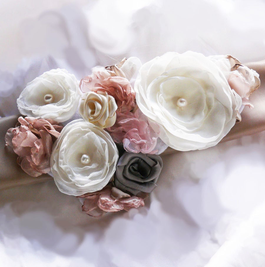 Rachel Bridal Sash Wedding Belt, Flowers in Ivory, Pink, and Taupe with Pearls and Rhinestones