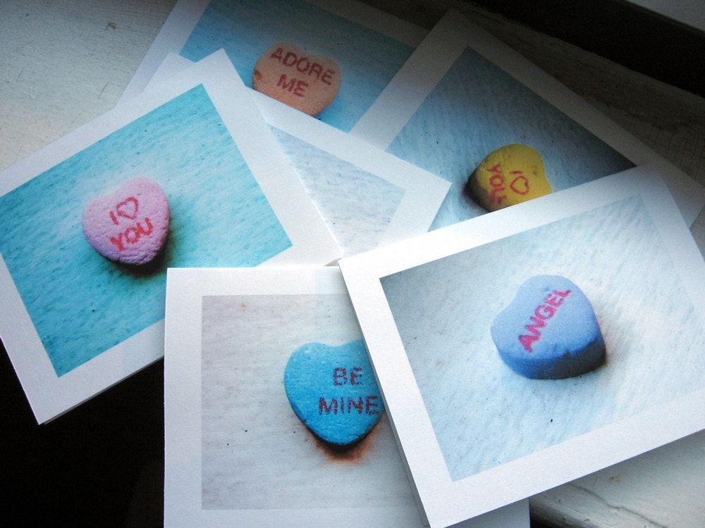 Valentine Cards, Candy Heart Note Cards, Set of 6