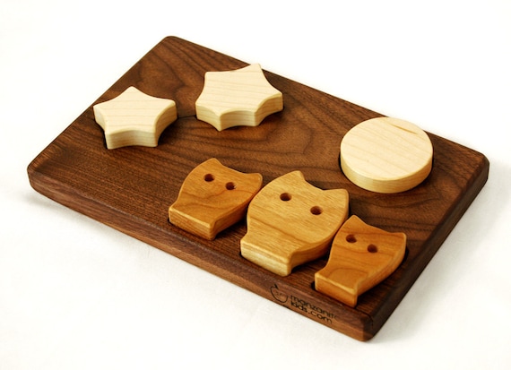 Owls, Stars and Moon, wood puzzle in maple, cherry and walnut, montessori classic wooden toy