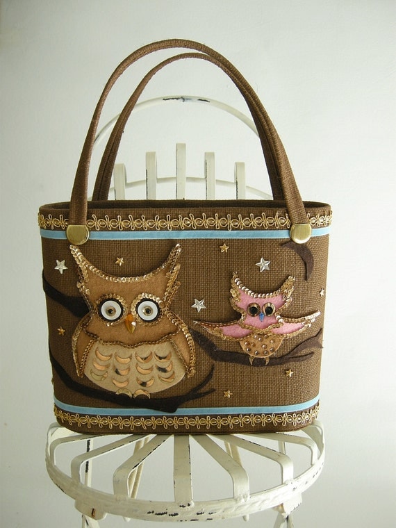 Owl Applique Vintage 60s Market Tote Handbag Brown by empressjade from etsy.com