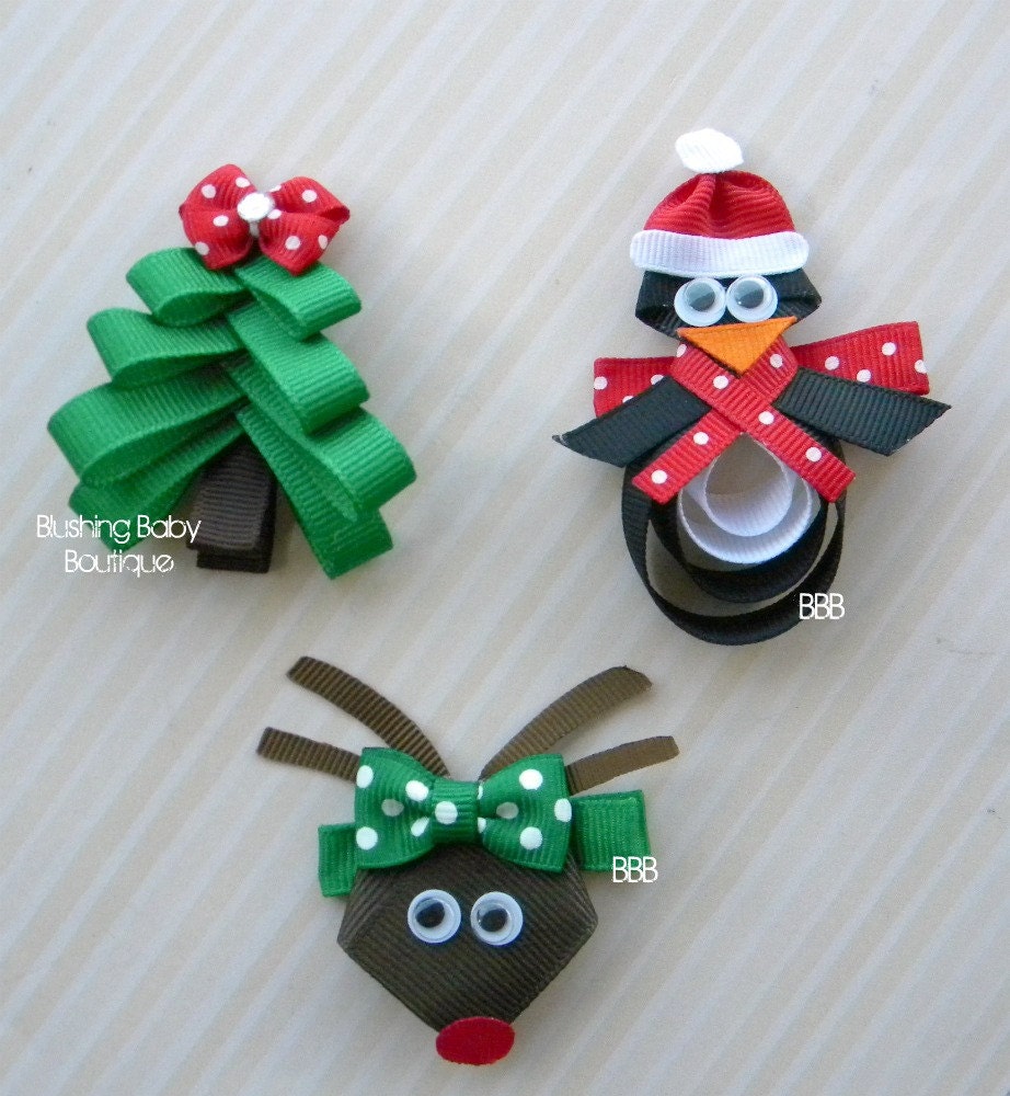 Christmas Trio- Set of 3 Christmas Hair Clips- O Christmas Tree- Paulie the Penguin- Santa's Little Reindeer