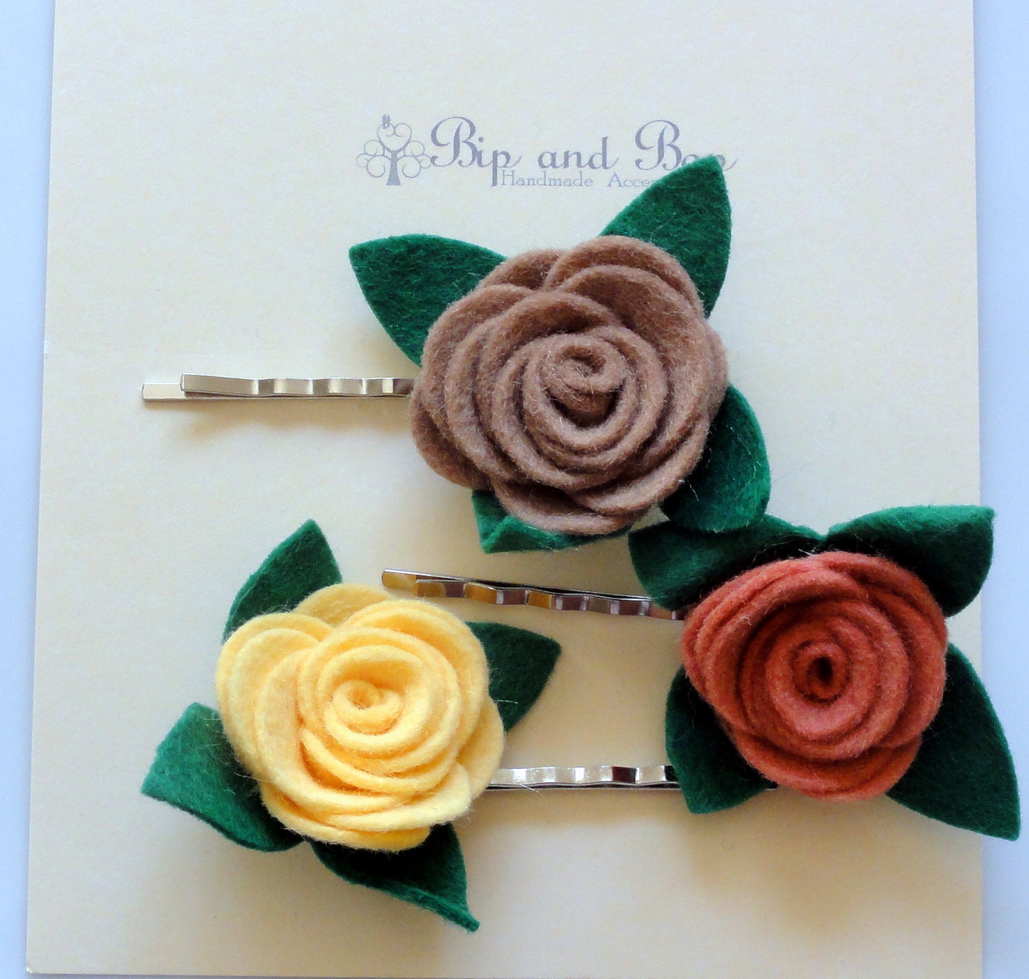 Set of 3 wool felt rose bobbi pins