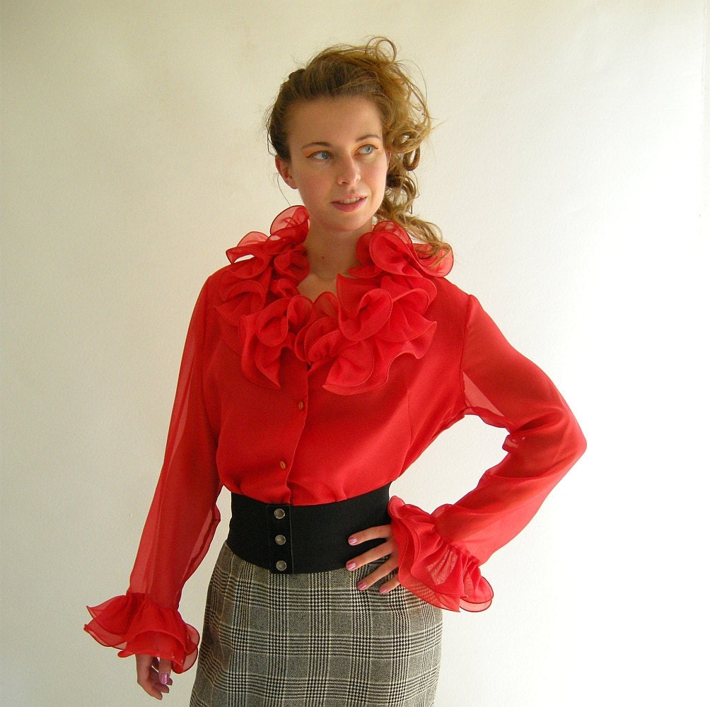 RUFFLED Blouse Vintage 70s Bright Red Polyester by empressjade from etsy.com