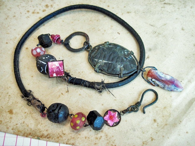Belphegor. Rustic Gypsy Hot Pink and Black Chocker with Fossil and Opal.