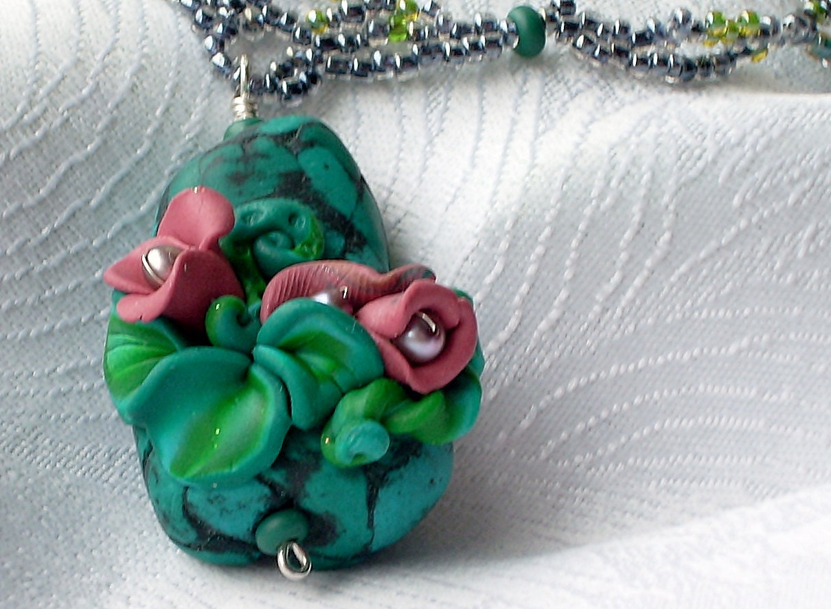 SALE Turquoise, Green, Lavender Peyote Free Form Beaded Polymer Clay Floral Necklace