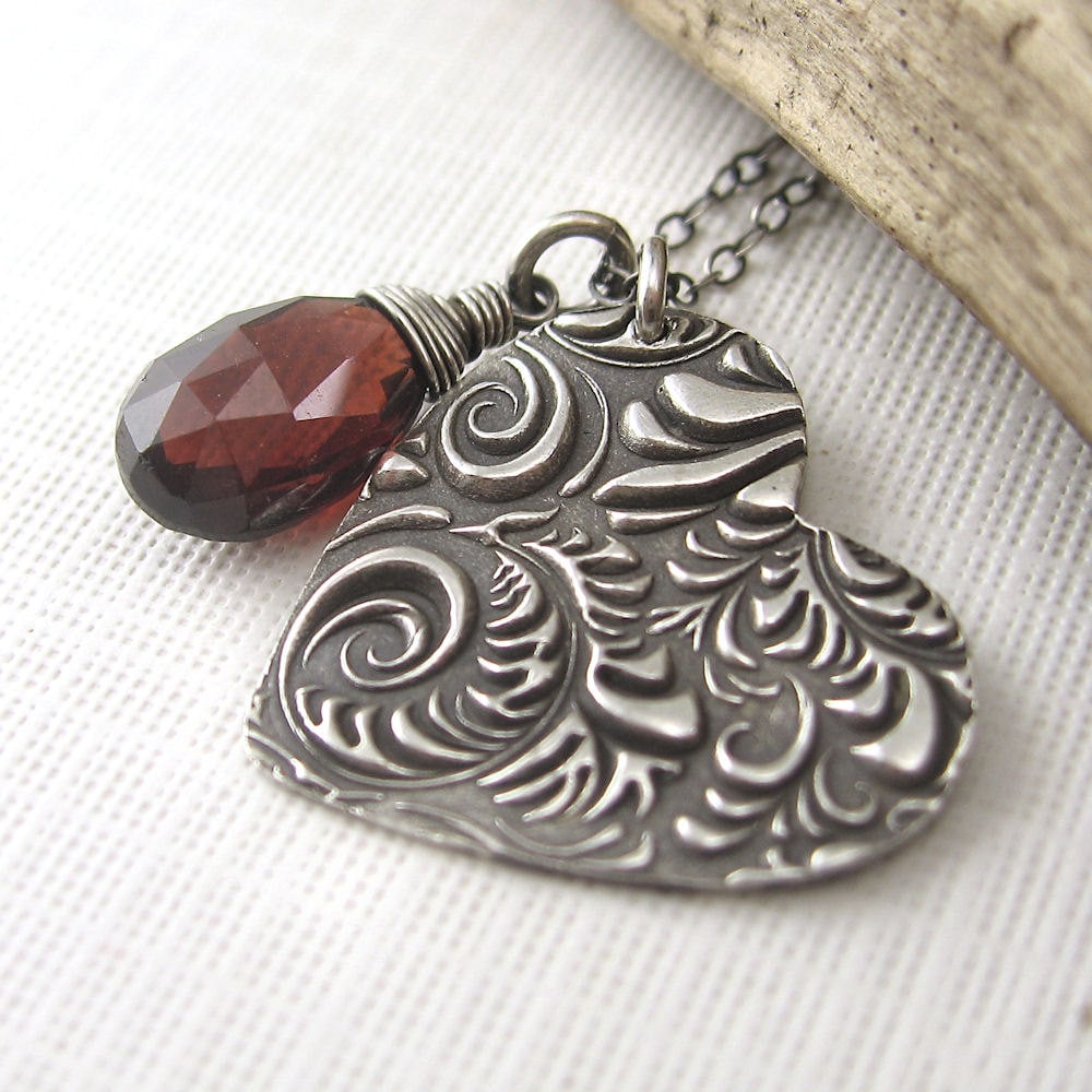 Sterling Silver Heart Charm Necklace Garnet January Birthday Birthstone Handmade Jewelry - Jennifer Casady - OOAK - Wild Heart No. 2