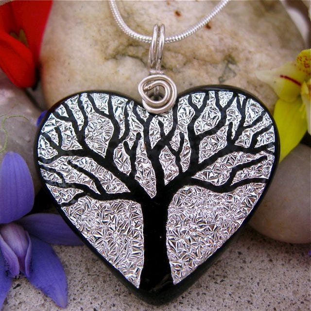 TREE LOVE HEART Dichroic Glass Pendant - Hand Etched Sparkling Silver, Fused Glass, Unique Dichroic