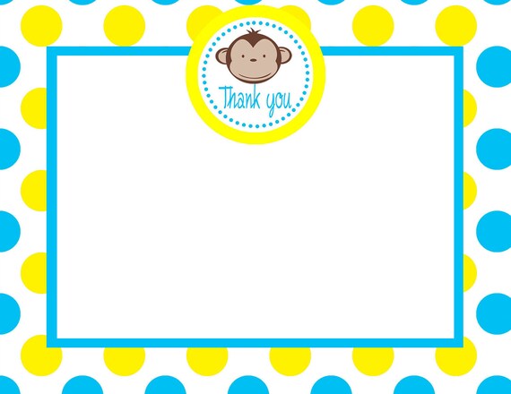 Boy Mod Monkey Custom Party Thank you card in Yellow and Blue