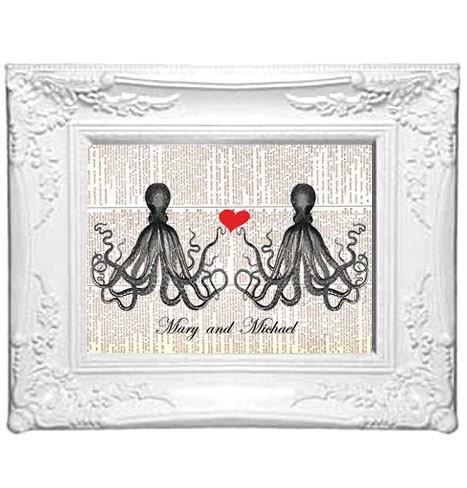 Wedding Anniversary decor OCTOPUS COUPLE octopus love book page art print on