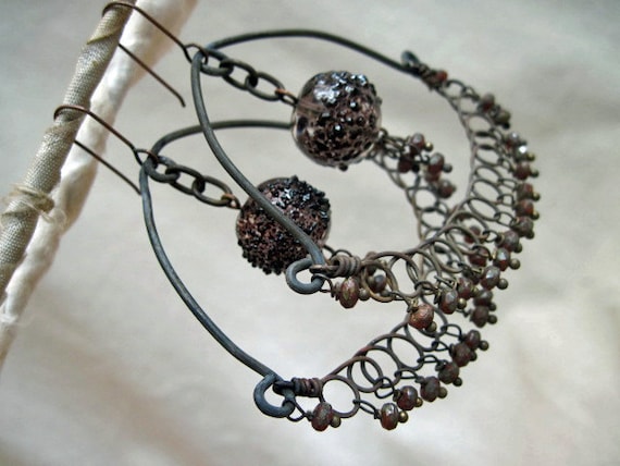 The Sole Nobility. Rustic Gypsy Assemblage Dangle Hoop Earrings.