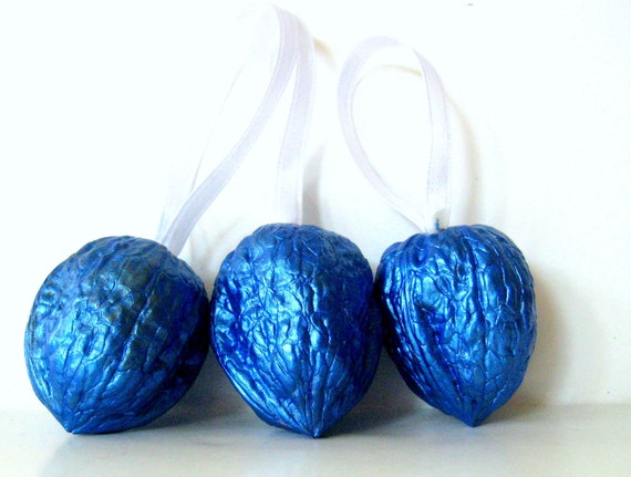 Nuts Over You: Metallic Blue Walnut  Ornaments hand painted
