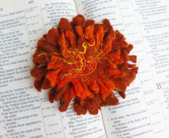 Orange Felted Flower Brooch Pin or Hair Accessory - Magic of Gold Broche - Hand Felted