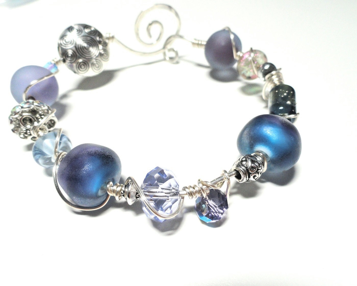 Lilac and Blue Hydrangea Lampwork Bead Bracelet Wire Wrapped