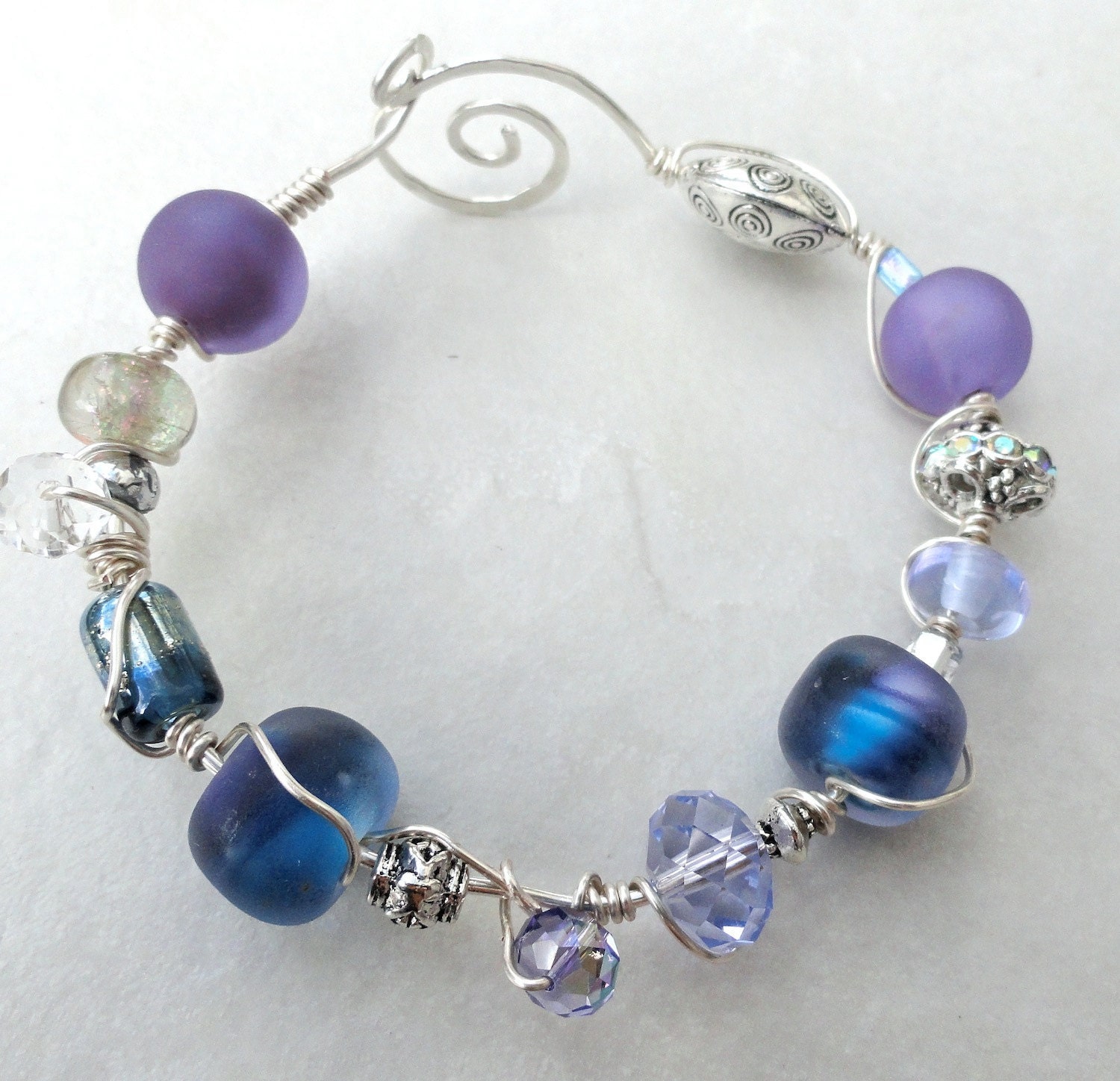 Lilac and Blue Hydrangea Lampwork Bead Bracelet Wire Wrapped