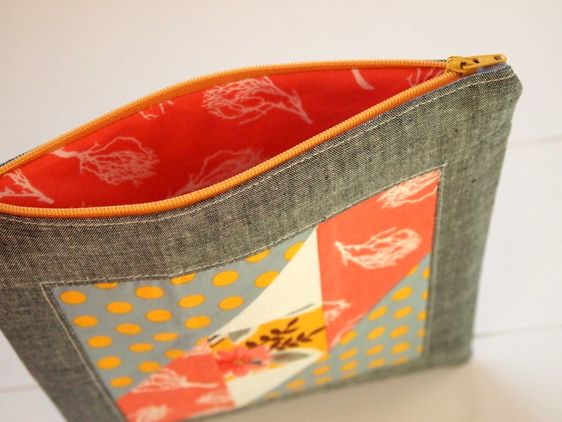 Large Zip Patchwork Pouch- Coral and Tangerine Attic Windows
