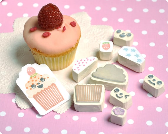 Sweet return - cupcake changing face hand carved rubber stamp set of 9
