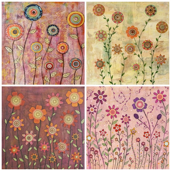Retro Flowers Painting Art Print Set Four 5 inch by 5 Inch Prints