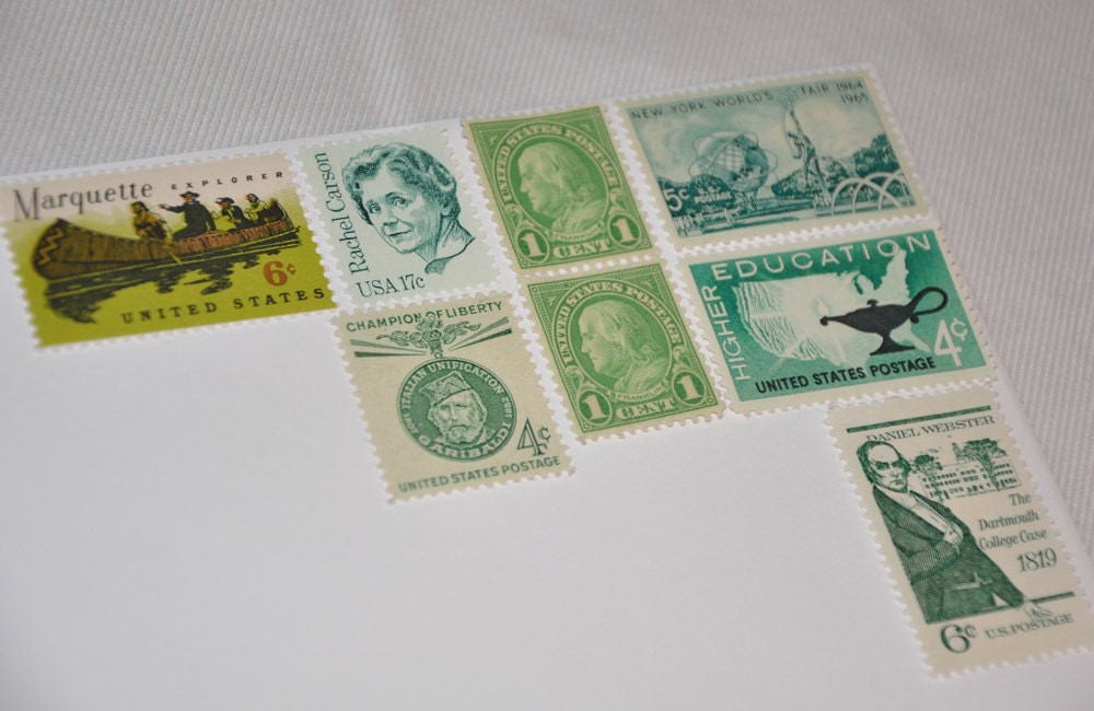 One Set of Vintage Postage Stamps - Green - mail one letter