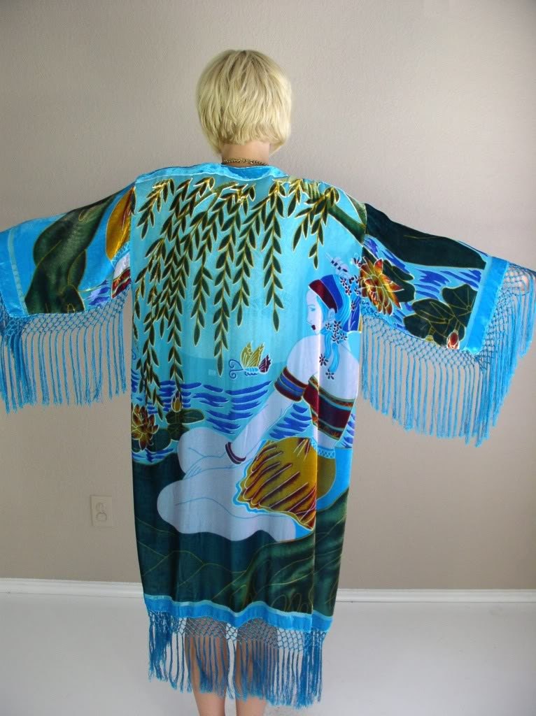 vtg 80s jacket Butterfly and Lotus draped ETHNIC silk velvet KIMONO fringe one size