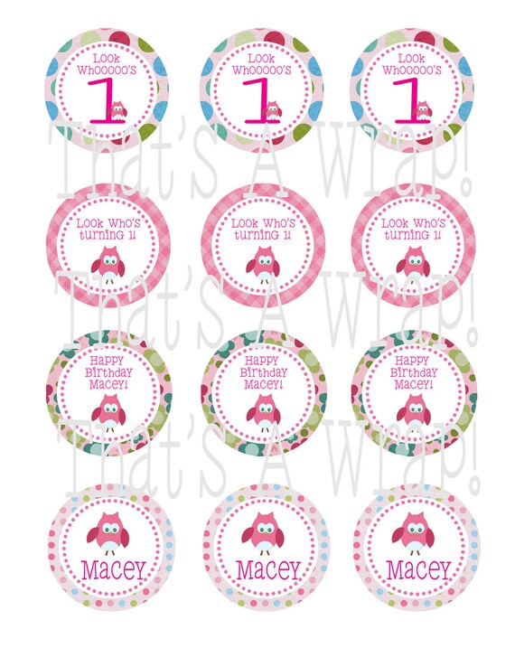 Owl Party Circles in Pink DIY Printable Cupcake Toppers Favor Tags Labels