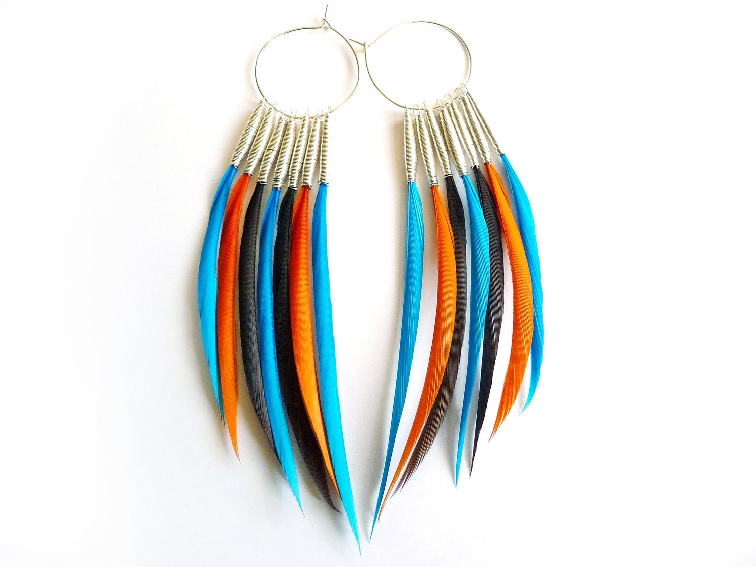 30% OFF - Black Friday SALE - Interchangeable Feather Earrings in Turquoise, Orange and Brown