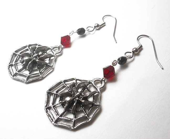 Spider earrings Gothic Halloween Spider webs Red, silver, and black