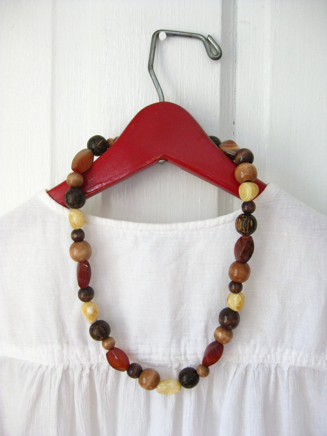 Red Stone and Wood Beaded Necklace