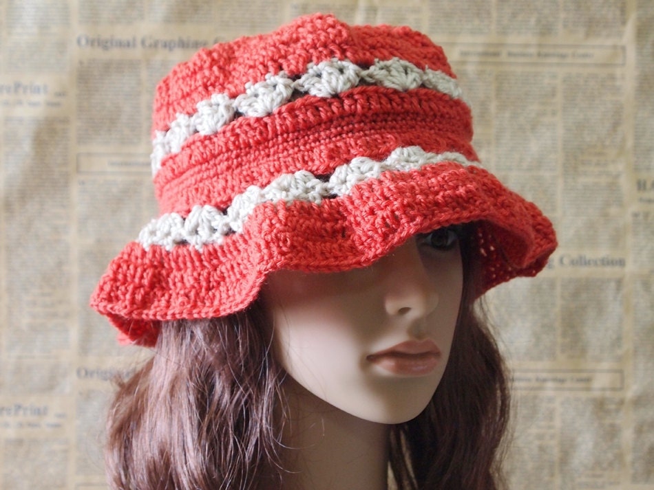Hand Crocheted Hat - Lovely Red and Wheat Bucket Hat for Teen Girl and Adult Woman