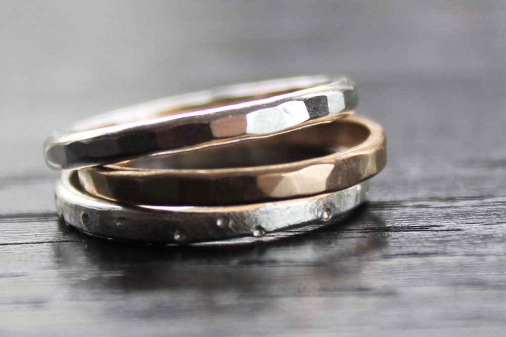 Sterling Silver and 14k Yellow Gold Stacking Rings - set of 3 Recycled Metal