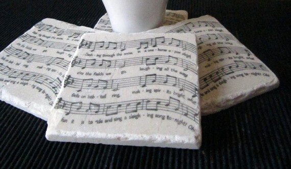 Holiday Coasters, Jingle Bells Sheet Music, Set of 4, Ready to Ship