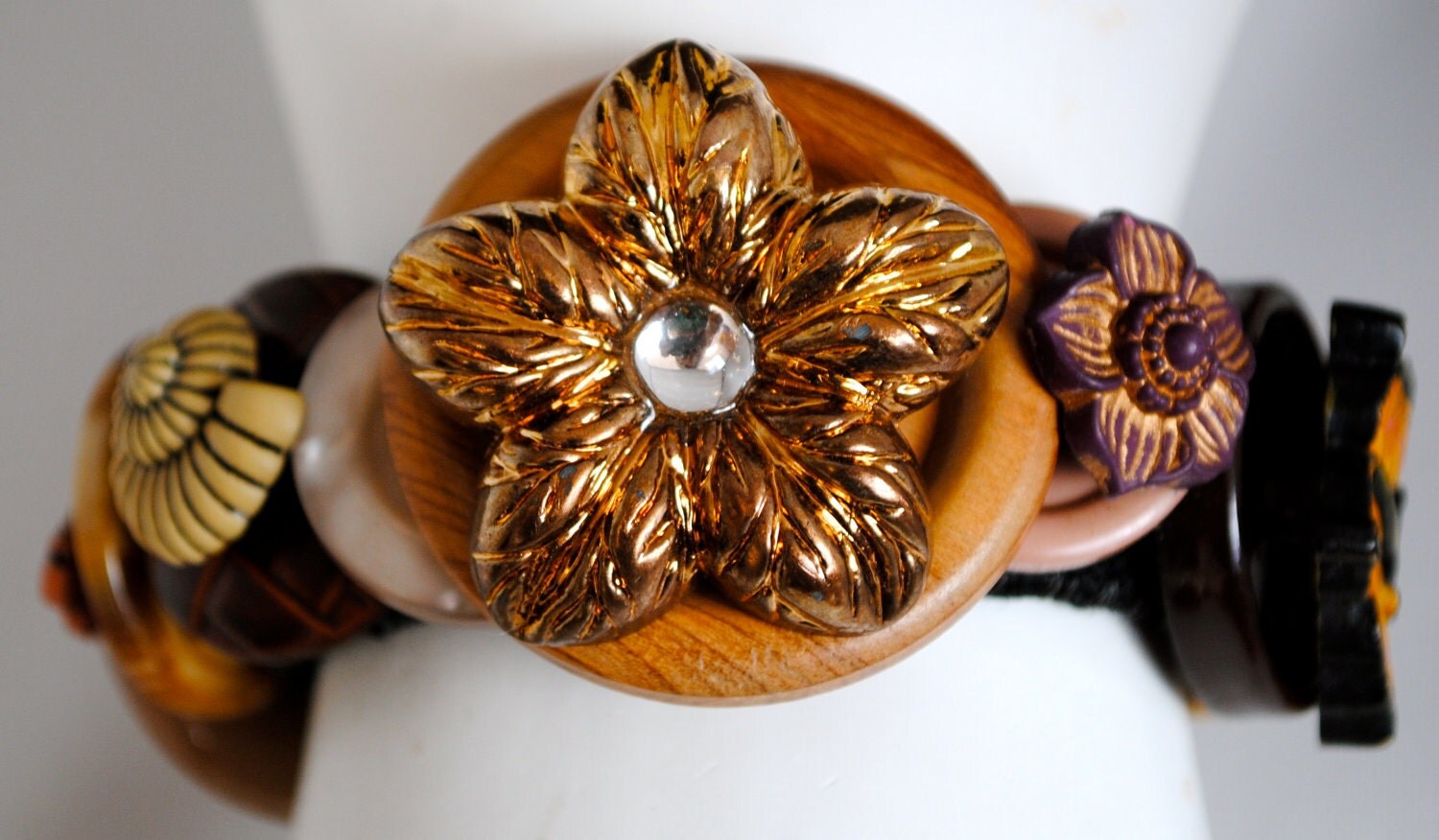 Bronze button bracelet  shades of brown statement Autumn ooak women's gift expandable