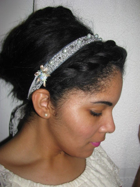 Boho Headband Wedding Head PieceGypsy Grey Blue Vintage Ribbon