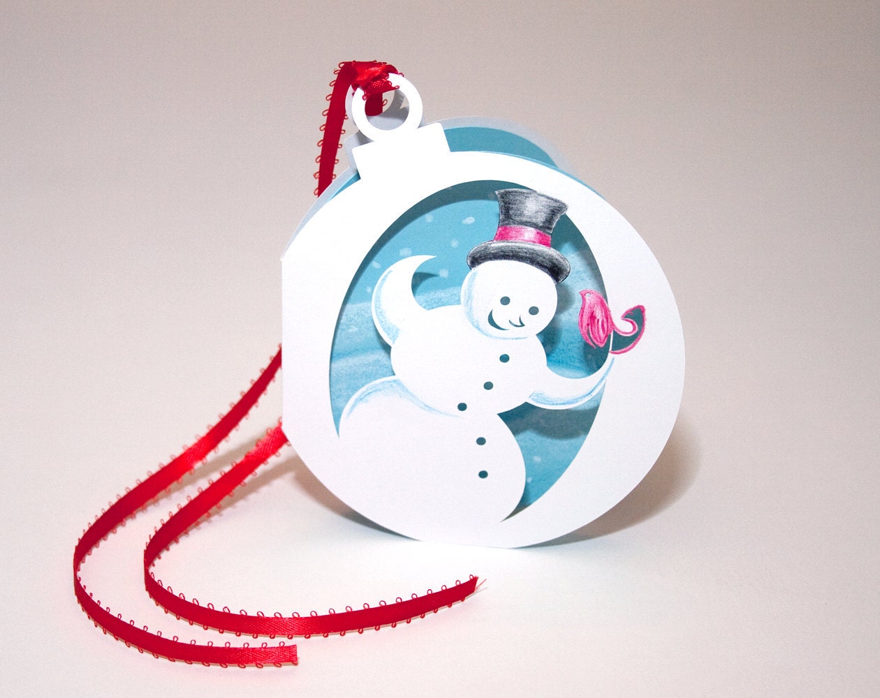 Ornament Card - Cut Paper Snowman with Bird - Hand Colored