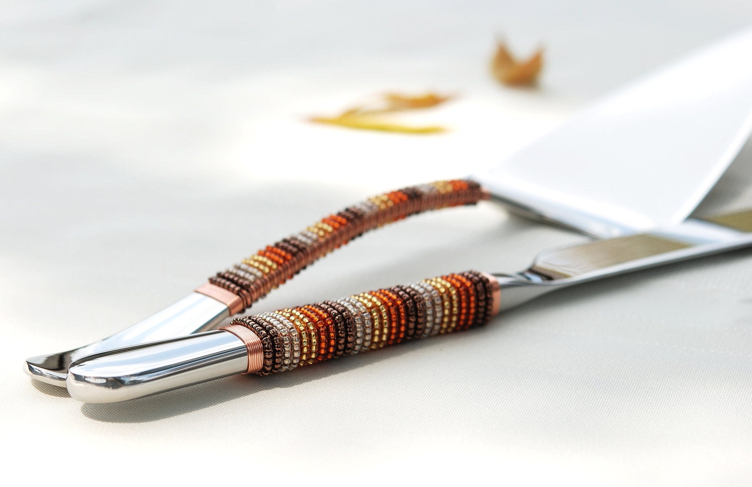 FALL Wedding Cake Server And Knife Set Hand Beaded In Autumn Harvest Brown