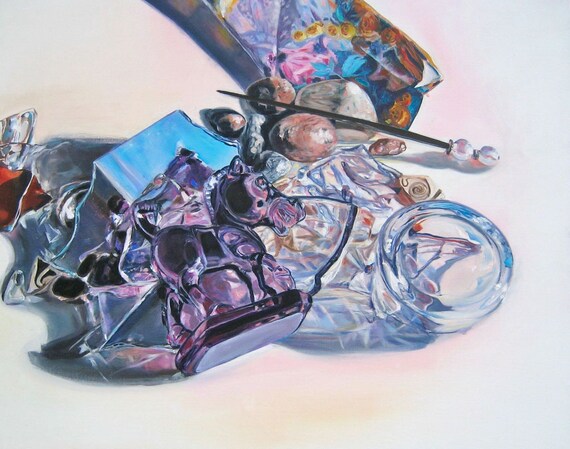 Original Oil Painting, Still-life of Glass, Pebbles and Paper, 24 x 28 in. "Waiting"