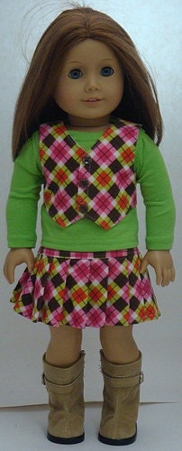Corduroy Argyle Print Skirt And Vest Outfit For American Girl Or Similar 18-Inch Dolls