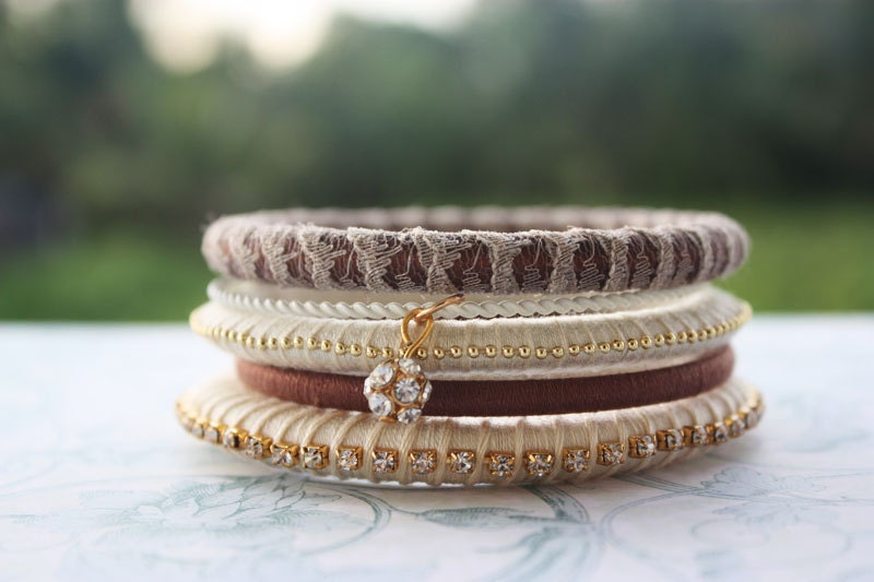 Lace Cream Brown Wrap Bangle Bracelet Stack with Ball Charm - Pack of 5
