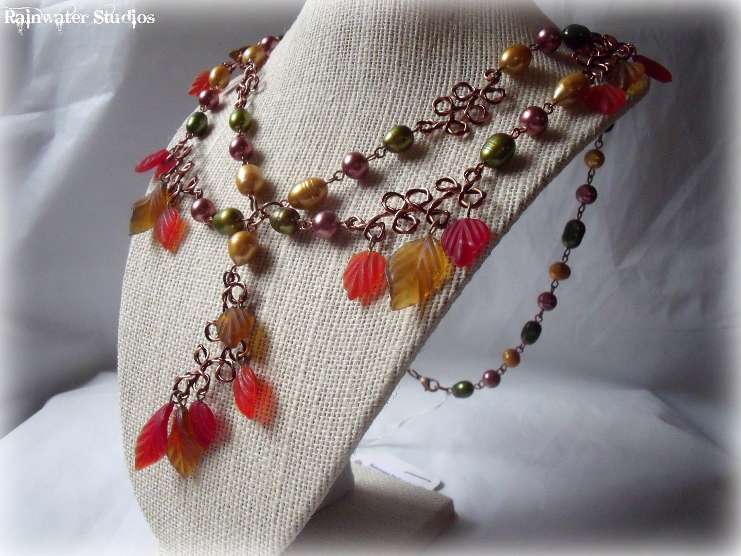 Fall Splendor Necklace - Freshwater Pearls, Glass Leaves, Wire Work, Free Shipping