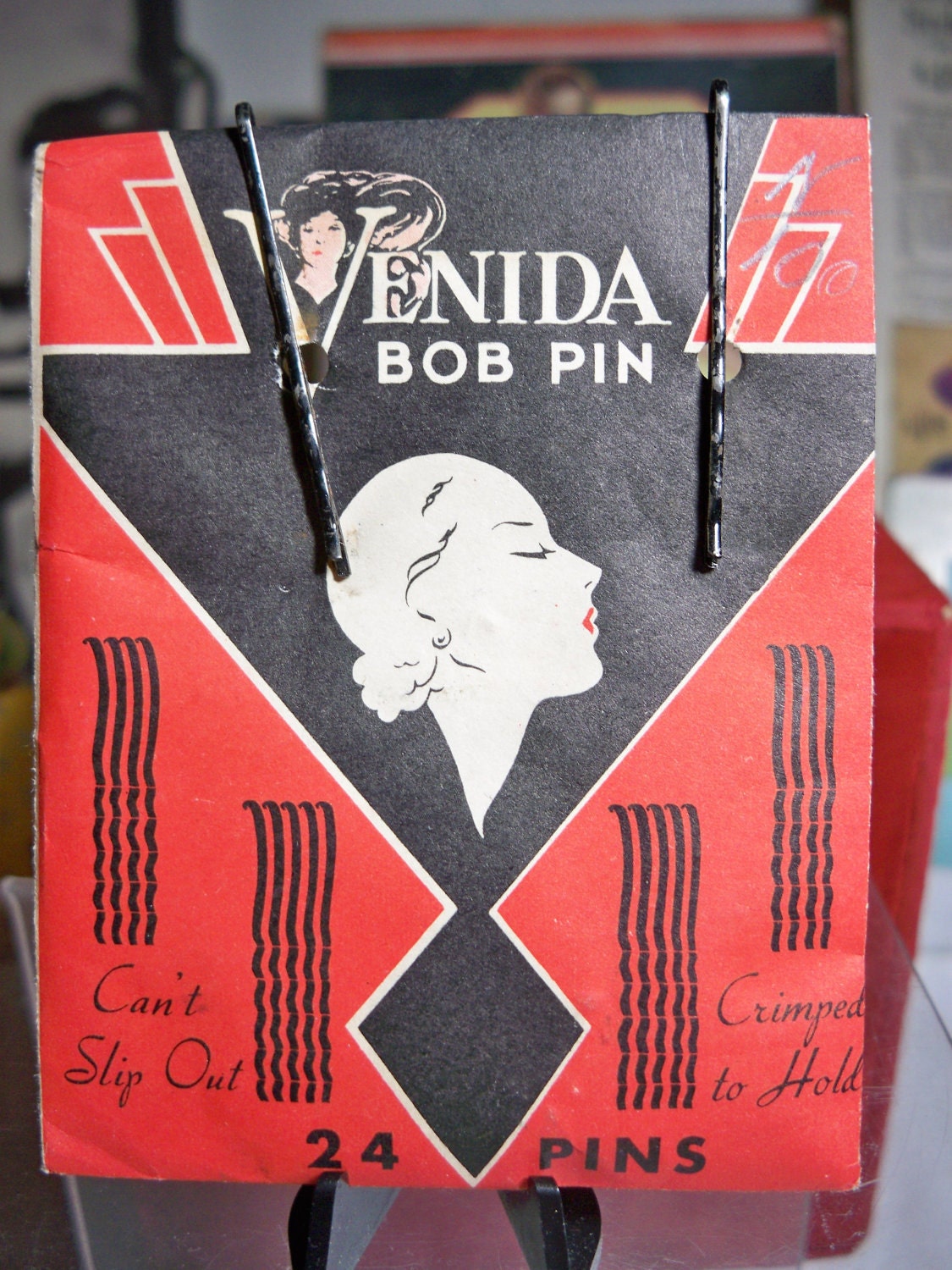 Art Deco Packet of Venida Bob Pins Sealed Art Deco Profile of Lady 1940s