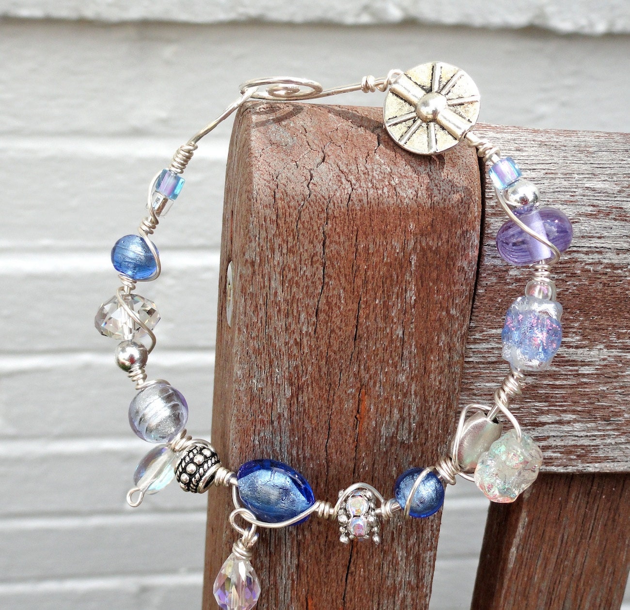 Iced Blue Sapphire Venetian Bead Wire Wrapped Silver Bracelet