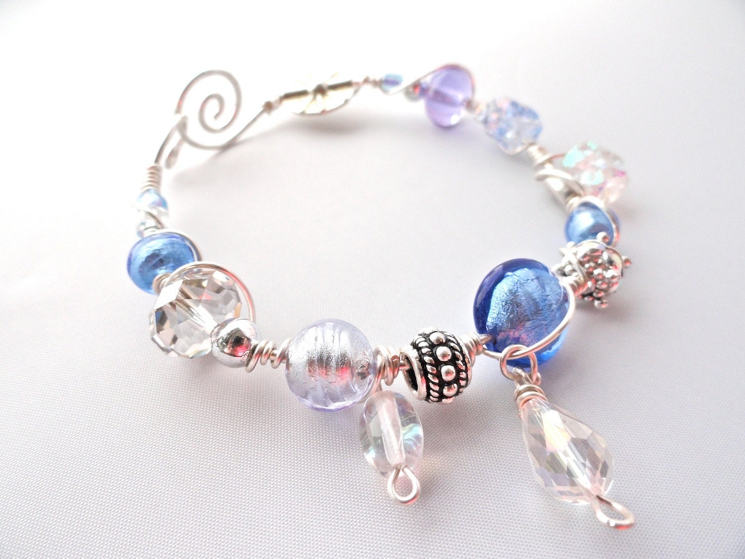 Iced Blue Sapphire Venetian Bead Wire Wrapped Silver Bracelet