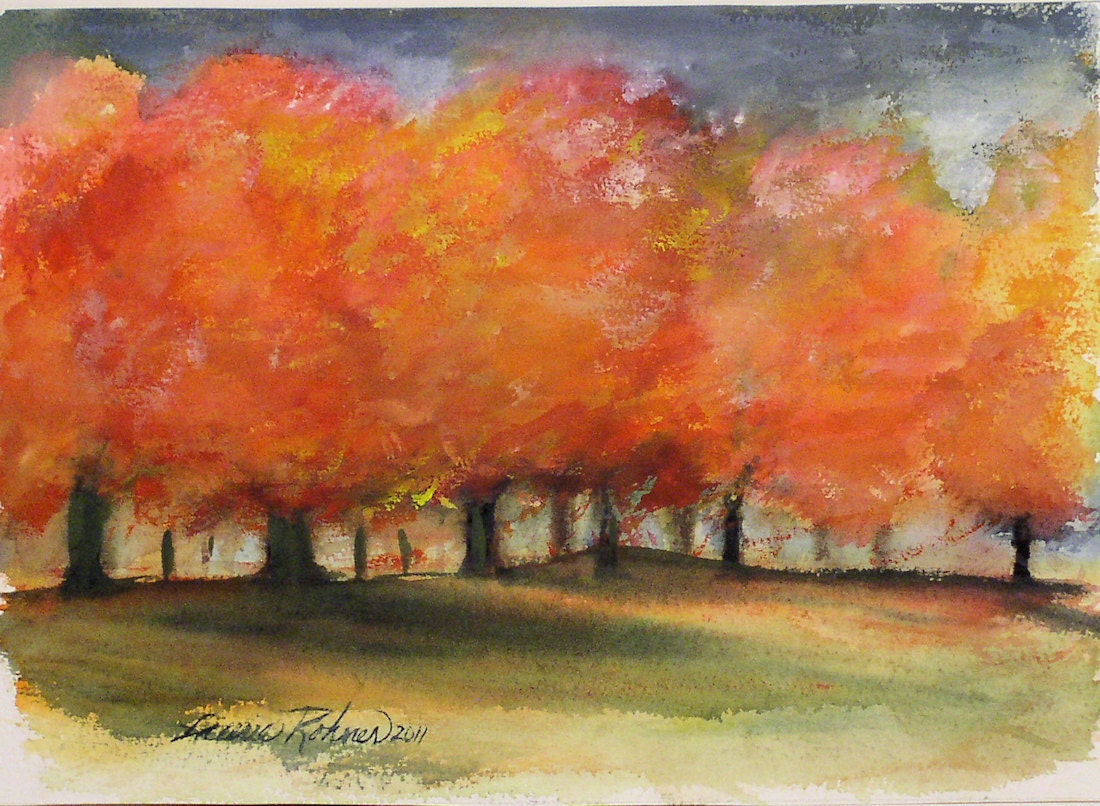 Original Watercolor Painting AUTUMN STORM fall color maple trees in Vermont.