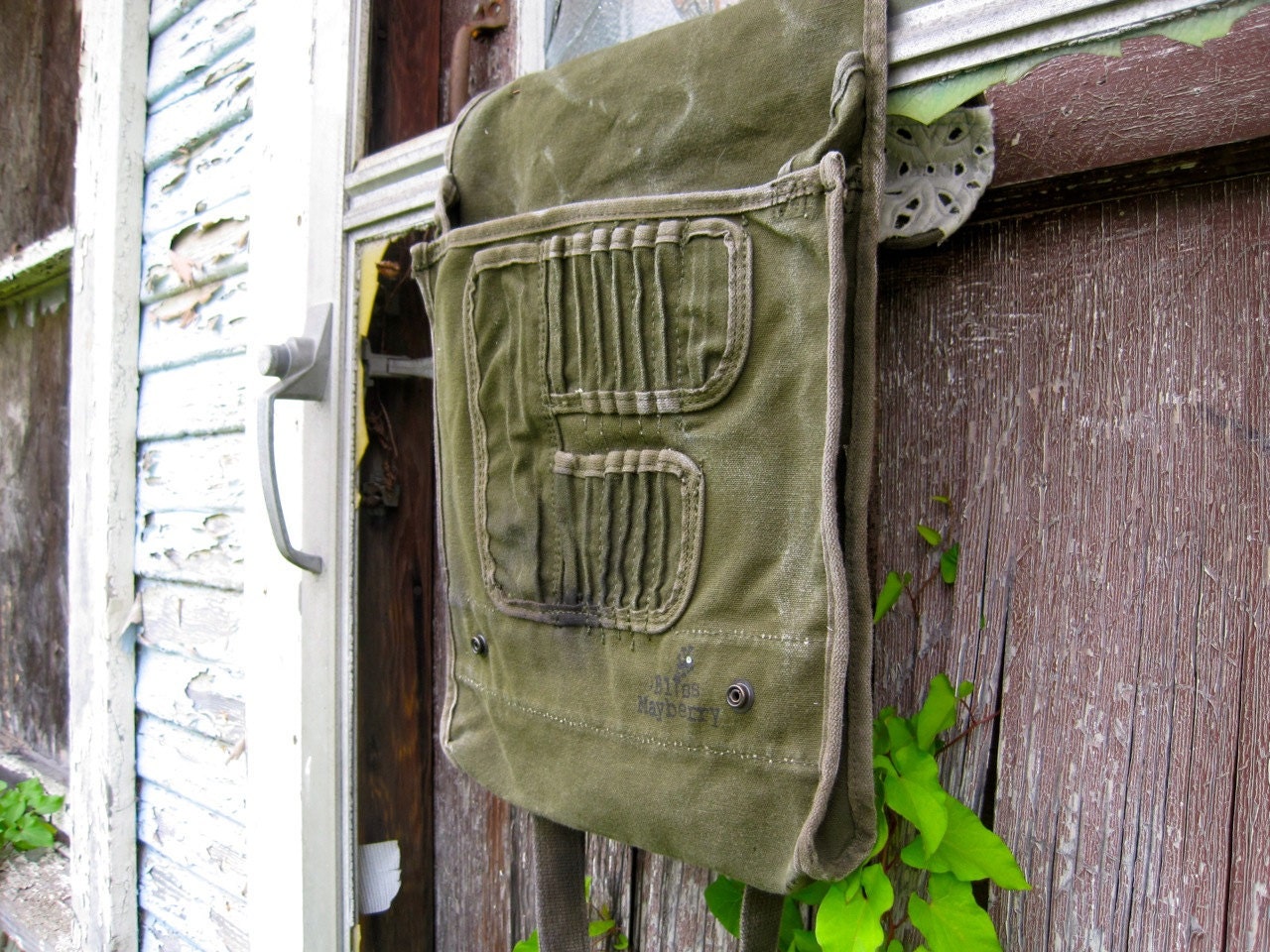 Upcycled Vintage Military Messenger Bag with vintage lace & buttons