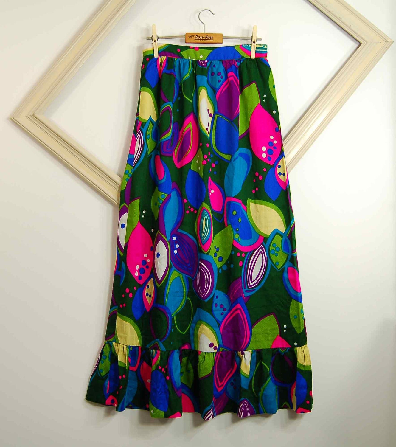 1970s vintage bold NEON abstract print maxi skirt
