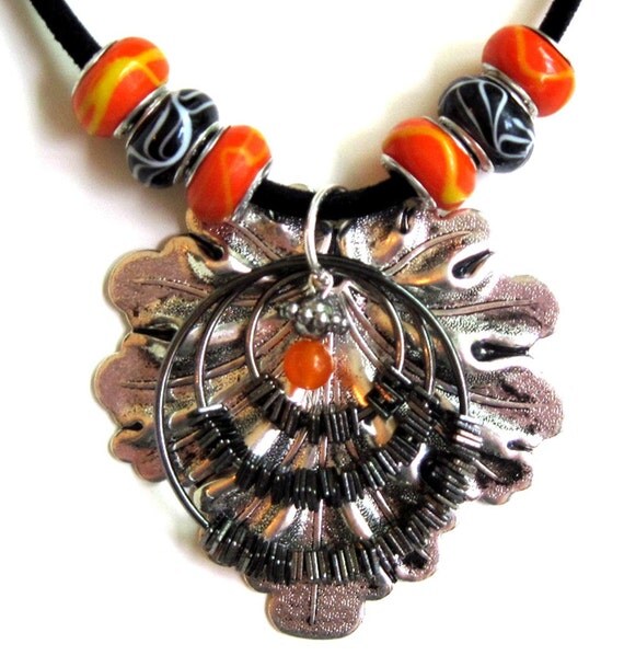 Silver Leaf  Beaded Necklace, Autumn Hues of  Silver, Orange and Black