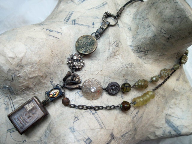 Seek the Holy Guide. Gypsy Tribal Buddhist Reliquary Assemblage Necklace.
