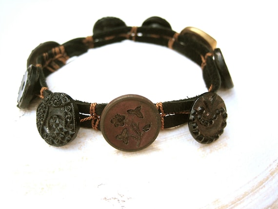 Victorian Black and Gold Button Bracelet - hand knotted silk, deerskin leather Victorian Black and Gold Button Bracelet - hand knotted silk, deerskin leather