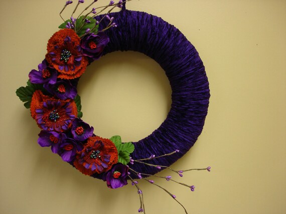 Autumn fall wreath, velvet yarn wreath with fabric flowers...