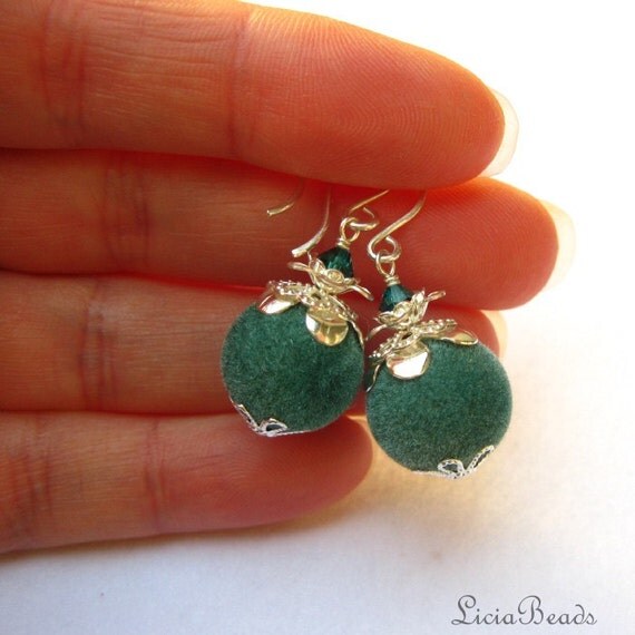 Walk Softly - Fuzzy bead earrings, teal swarovski crystal and sterling silver